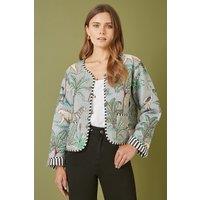 Yumi Women's Grey Animal Print Reversible Cotton Cropped Quilted Jacket | Size: 10