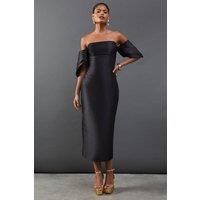 Structured Puff Sleeve Bardot Midi Dress