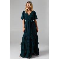 Oasis Women's Petite V Neck Puff Sleeve Tiered Georgette Bridesmaid Dress in Emerald | Size: 10