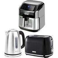 Geepas 1.7L Illuminating Kettle 2 Slice Toaster & 9.2L Digital Air Fryer Set in Silver