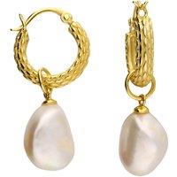 Harfi Women's Elegant Gold Plated Basket Weave Hoop Earrings with Freshwater Pearl Charm