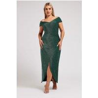 Yours Women's Metallic Bardot Maxi Dress in Green | Size: 26-28