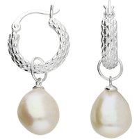 Harfi Women's Elegant Sterling Silver Basket Weave Hoop Earrings with Freshwater Pearl Charm