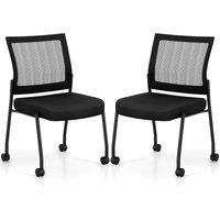 Gymax Set of 2 Stackable Office Reception Chairs On Wheels With Mesh Back in Black