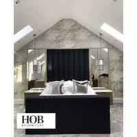 HOB Furniture Janie Linear Design Tv Bed With Mirrors, Malta Velvet Fabric - Hb 183 Cm, Black | Size: Double