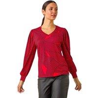 Roman Women's Geometric Print V-Neck Stretch Top in Red | Size: 20