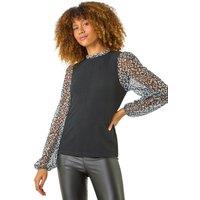 Roman Women's 2 In 1 Animal Print Mesh Sleeve Top in Black | Size: 16