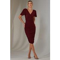 Jolie Moi Women's Plain Angel Sleeve Ruched Bodycon Dress in Burgundy | Size: 12