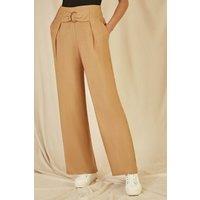Yumi Women's Brown Wide Leg trousers With Front Buckle Detail | Size: 16