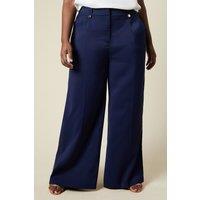 Wallis Womens Trousers Navy Wide Leg Gold Trim Pockets Party Cocktail