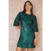 Yumi Women's Green Sequin Tunic Dress With Balloon Sleeves | Size: 14