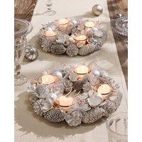 Dibor Set of 2 White Frosted Round Table Centrepiece Christmas Decoration Candle Holders Tealight Holder 30cm | Size: 2 Pack