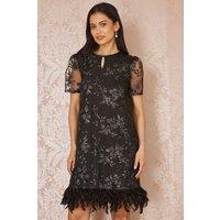 Yumi Women's Black Sequin Embroidered Tunic Dress With Feather Trim Hemline | Size: 12