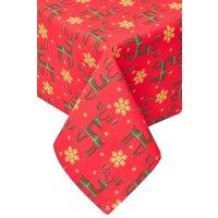 Homescapes Reindeer Cotton Christmas Tablecloth, 178cm x 305cm in Red | Size: 178 cm x 305 cm