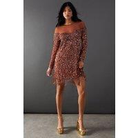 Hand Embellished Sequin Fringe Yoke Mini Dress
