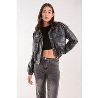 Pink Vanilla Women's PU Utility Cropped Bomber Jacket in Black | Size: Medium