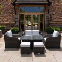 Primrose Living Classic Rattan 6 Seater Garden Furniture Sofa Set with Square Rising Table & Parasol in Stone in Brown