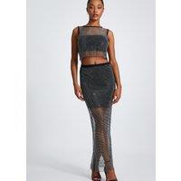 Quiz Women's Black Mesh Diamante Midaxi Skirt | Size: Large