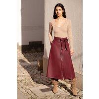 Yumi Women's Burgundy Faux Leather A Line Midi Skirt With Button Up Details | Size: 12