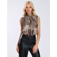 Finding Friday Women's Leopard Tie Neck Sleevless Blouse in Brown | Size: 8