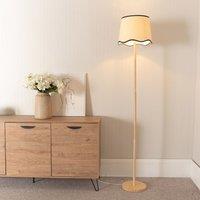 ValueLights Heather Light Wood Single Stem Floor Lamp with Scallop Edge Tapered Lamp Shade in Black