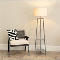 ValueLights Hiru Grey 3 Tier Shelf Floor Lamp with Trim Linen Drum Shade & Bulb in White