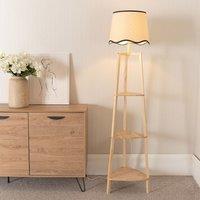 ValueLights Hiru Natural 3 Tier Wooden Shelf Floor Lamp with Scallop Edge Shade in Black