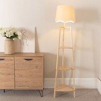 ValueLights Hiru Natural 3 Tier Wooden Shelf Floor Lamp with Scallop Edge Shade in White