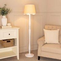 ValueLights Victoria White Wood Floor Lamp with Linen Scallop Trim Tapered Shade & Bulb