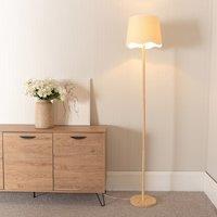 ValueLights Heather Light Wood Stem Floor Lamp with Scallop Edge Tapered Shade & LED Bulb in White