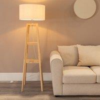 ValueLights Wakefield Two Shelf Quad Wooden Floor Lamp with Linen White Trim Drum Lamp Shade in Natural