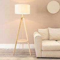 ValueLights Morrigan Natural Wood Tripod Floor Lamp & Linen Trim Shade & Bulb in White