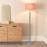 ValueLights Bobbins Powder Blue Floor Lamp with Ruched Pleated Drum Lamp Shade in Pale Pink