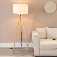 ValueLights Barbro Wood Tripod Floor Lamp with Natural Linen with Trim Drum Shade in White