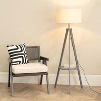 ValueLights Morrigan Grey Wood Tripod Floor Lamp with Linen White Trim Drum Shade in Natural