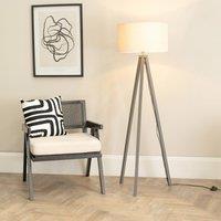 ValueLights Barbro Grey Wood Tripod Floor Lamp with Natural Linen with Trim Shade in White