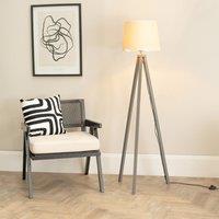 ValueLights Barbro Grey Wood Tripod Floor Lamp with Linen Scallop Edge Shade & LED Bulb in White
