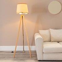 ValueLights Barbro Light Wood Tripod Floor Lamp with Natural Linen Scallop Edge Shade in Burnt Orange