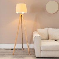 ValueLights Barbro Light Wood Tripod Floor Lamp with Natural Linen Scallop Edge Shade in White