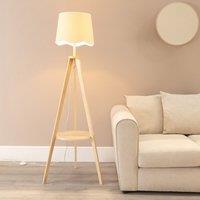 ValueLights Morrigan Natural Wood Tripod Floor Lamp Scallop Tapered Shade & Bulb in White
