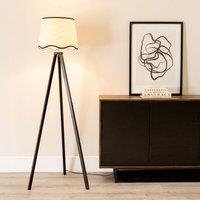 ValueLights Barbro Black Wood Tripod Floor Lamp with Natural Linen Scallop Edge Shade