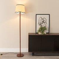 ValueLights Heather Dark Wood Single Stem Floor Lamp with Scallop Edge Tapered Lamp Shade in Black