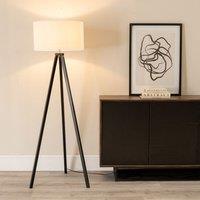 ValueLights Barbro Black Wood Tripod Floor Lamp & Natural Linen Trim Shade in White