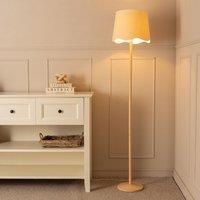 ValueLights Triston Natural Light Wood Floor Lamp with Scallop Trim Tapered Shade & LED Bulb in White