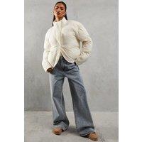 MissPap Women's Ribbed Placket Puffer Coat in Cream | Size: 10