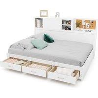 Gymax Double Daybed Guest Bed Frame with Storage Drawers Wooden Slat Support in White