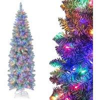 Gymax 6 FT Pre-Lit Christmas Slim Tree 475 Tips 250 Colorful Lights Metal Base in Green | Size: 6ft