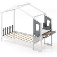 Gymax Single House Bed Frame with Desk Kids Bed with Roof Canopy & 2 Drawers in White
