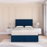 Sloomy Mayfair Plush Fabric Ottoman Bed End Opening With Sprung Memory Mattress & 26 Inch Headboard in Navy | Size: Super King