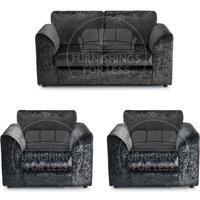 Furnishings For Less UK Crystal Crushed Velvet 4 Seater 3 Piece Sofa Suite - 3, 2 & Armchair Seater Full Back in Black
